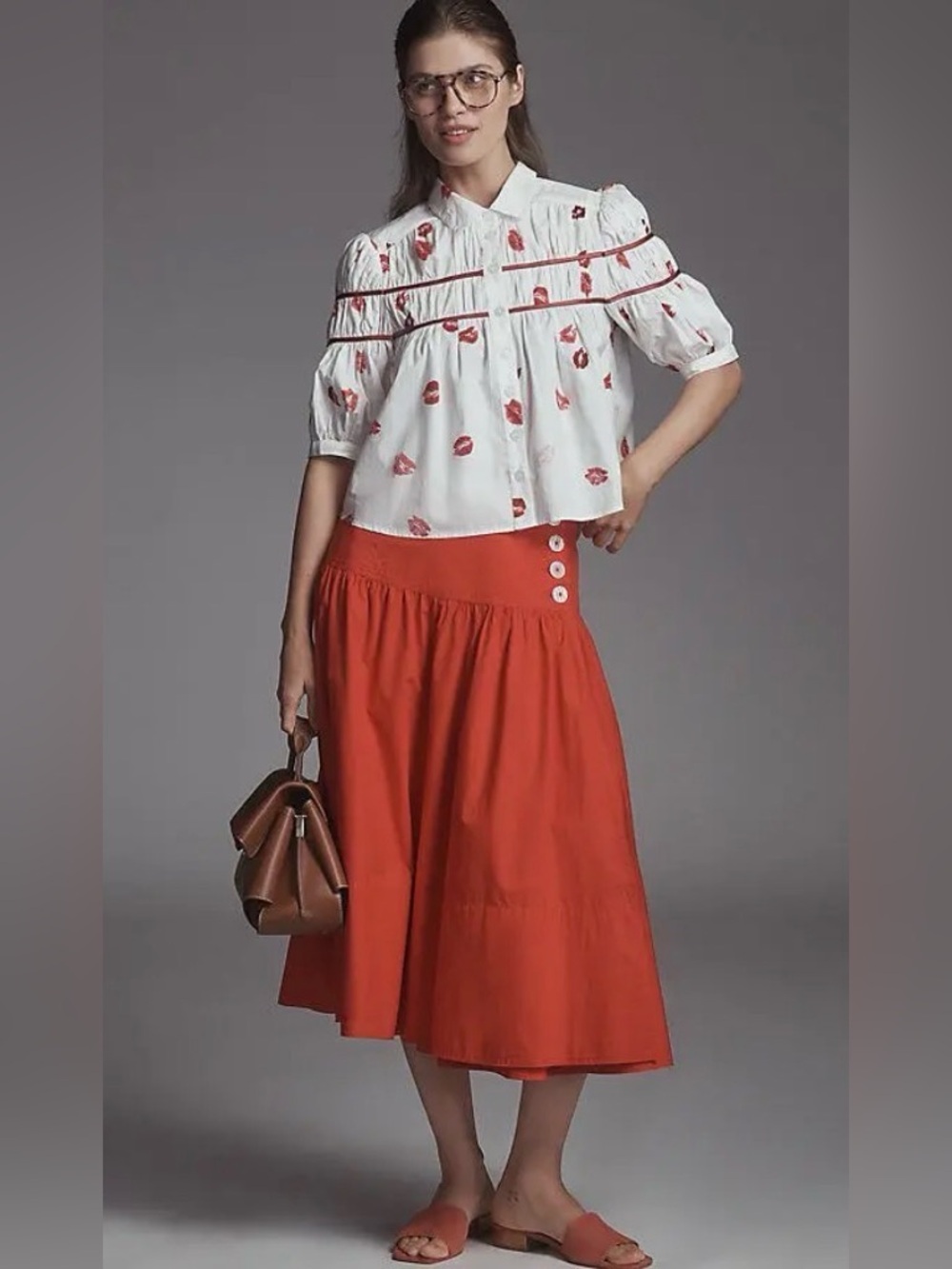Anthropologie Maeve The Leandra Shirred Yoke Blouse - White with red kisses 💋